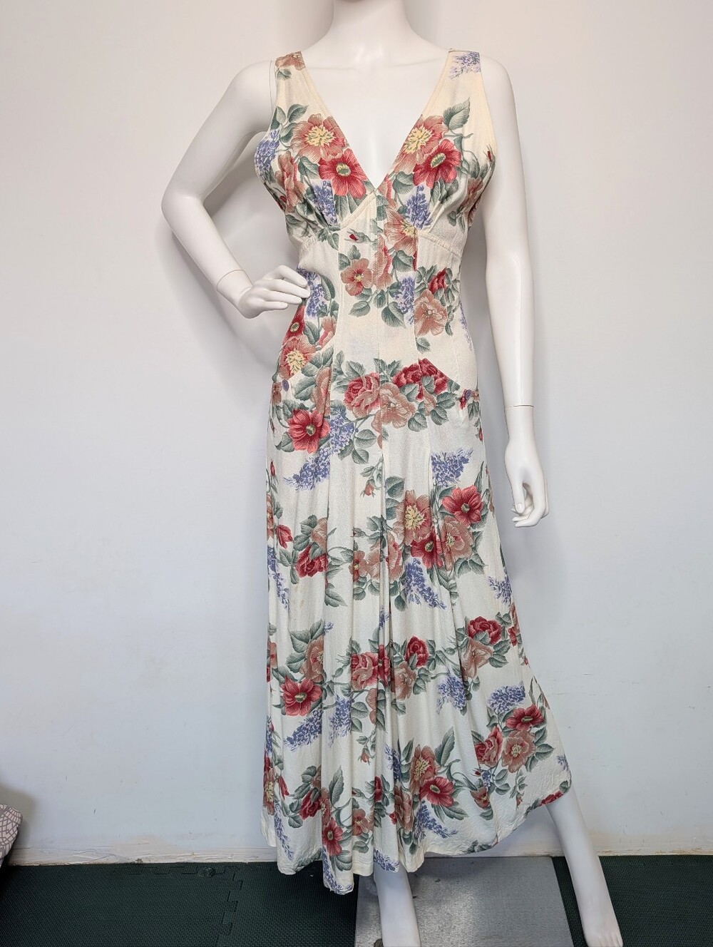 Vintage Cream Multi Color Floral Deep V Neck Convertible Button Back Midi Dress